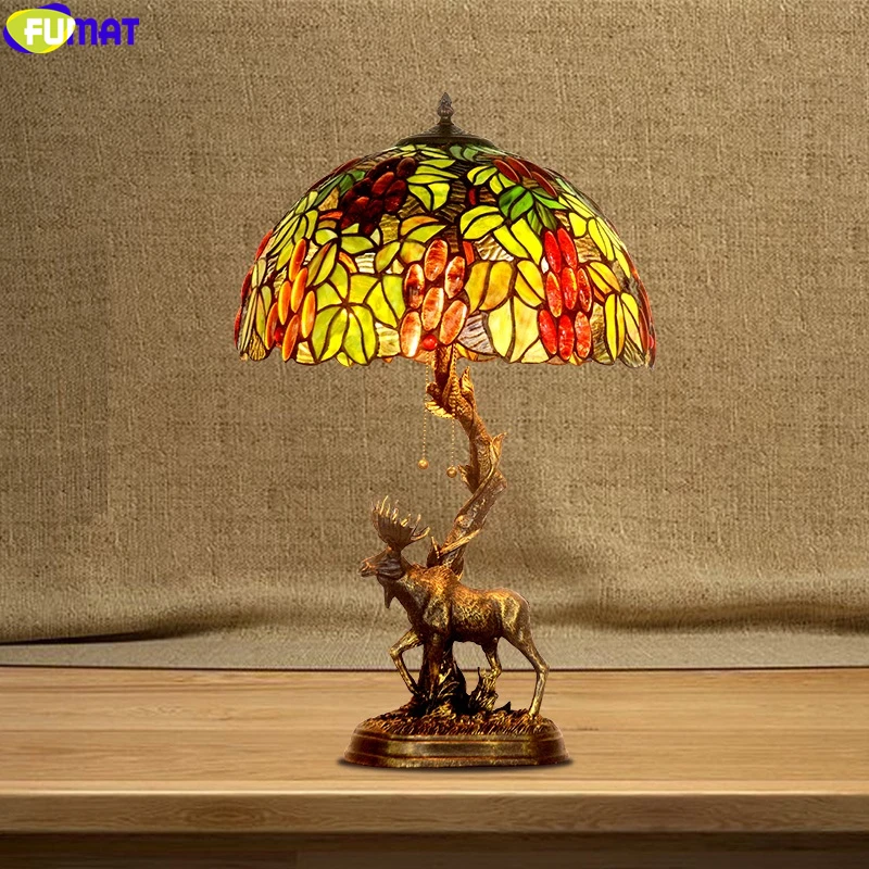 FUMAT Tiffany Style Desk Lamp Multicolor Stained Glass Table Lights Home Decorative Christmas Wapiti Elk Gift Art Lighting