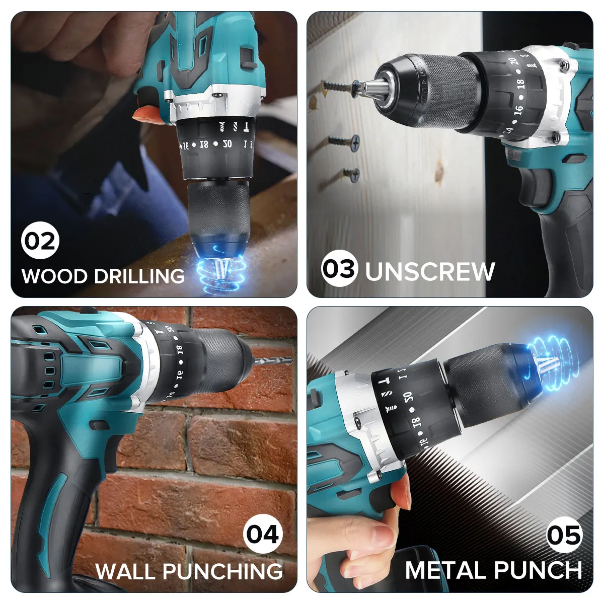 3 in 1 13mm 2 Speed Brushless Electric Drill Hammer Cordless Screwdriver 20+3 Torque Impact Drill Tools for Makita 18V Battery
