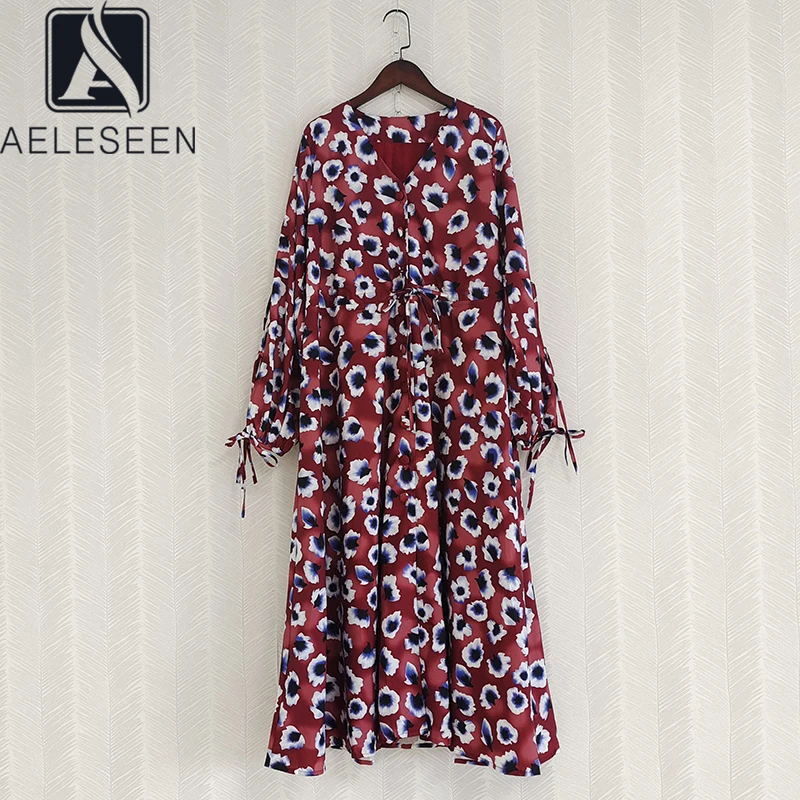 

AELESEEN Vintage Loose Dress Women 2022 Spring New Fashion V-Neck Ethnic Flower Print Bow Casual Long Holiday Party Oversized