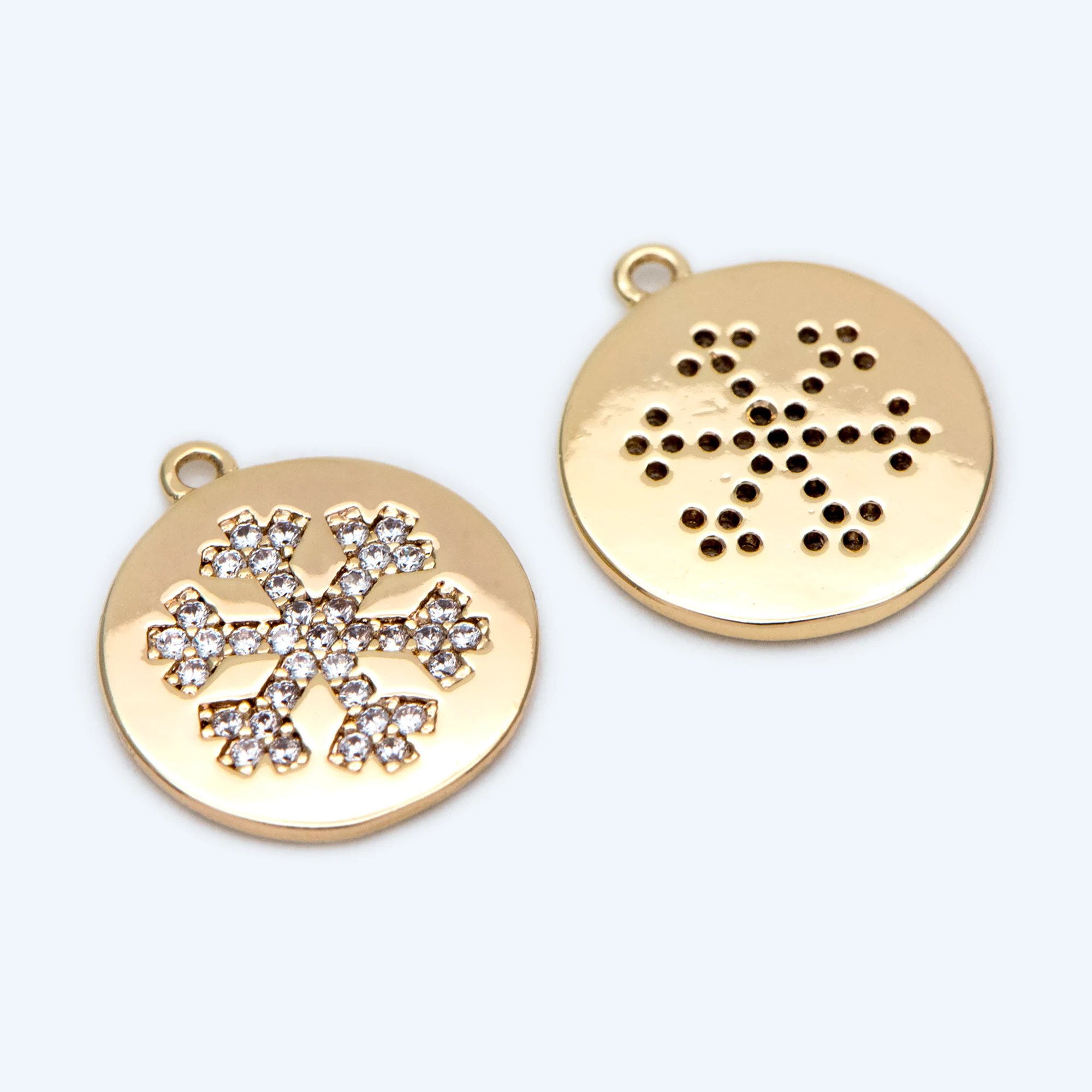 

4pcs CZ Paved Gold Round Snowflake Charm 12mm, 18K Gold Plated Brass, Disk Pendants (GB-1903)