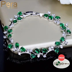 Pera 6 Colors Options Silver Plated Green Stone Leaf and Flower Big Cubic Zirconia Charm Bangle Bracelets Jewelry for Women B043