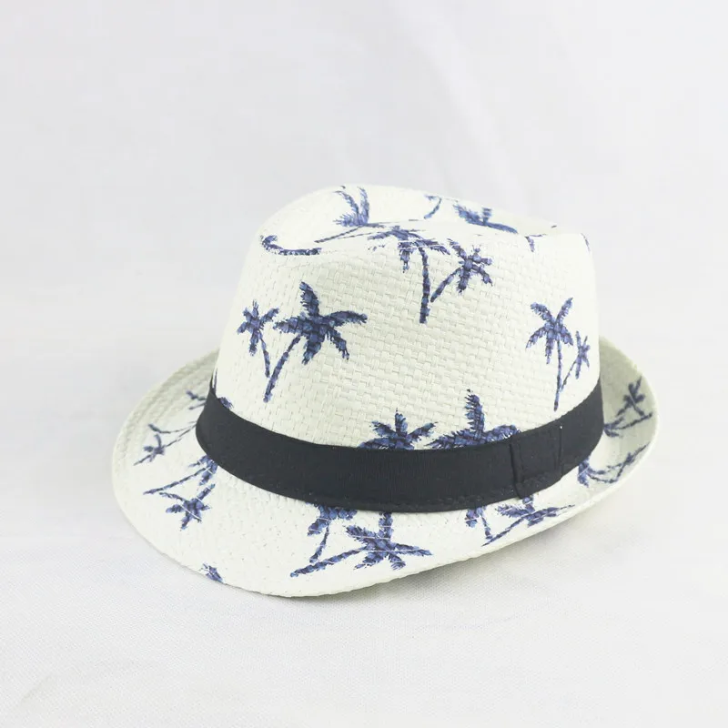 Adult / Child Linen Woven Jazz Straw Hat Men Women Coconut Tree Pattern Sun Hat Summer Beach Travel Sunscreen Ribbon Hat U27