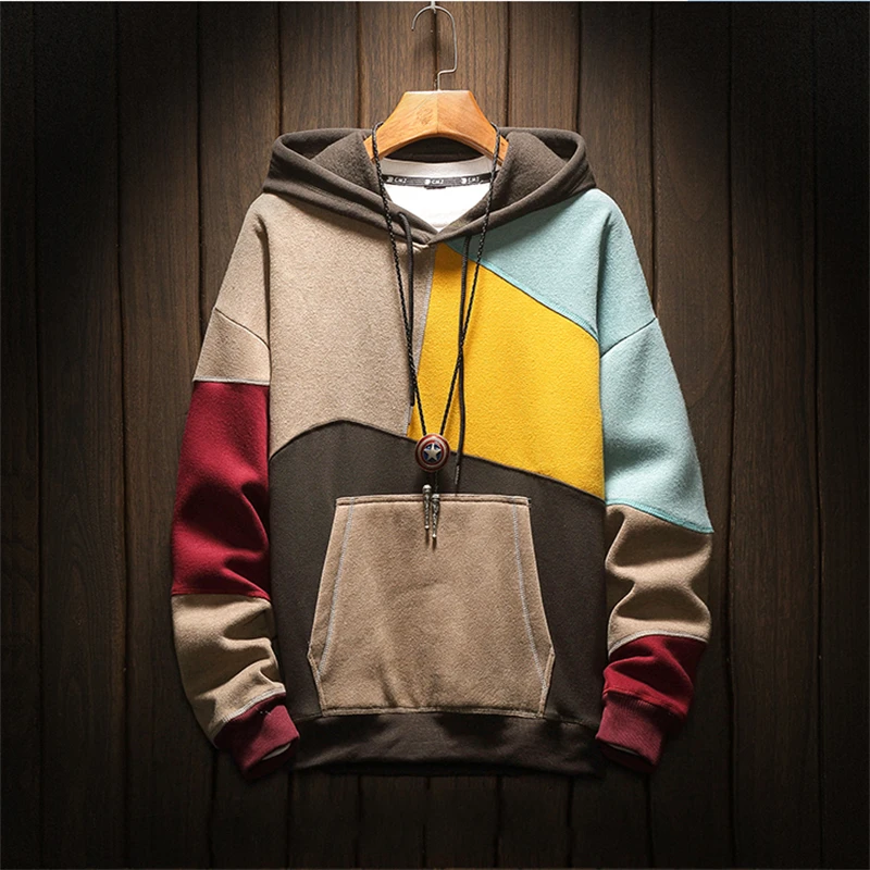 Fashion Streetwear Kaus Pria Longgar Hangat Multiwarna Berkerudung Kaus Musim Gugur Musim Dingin Patchwork Hoodies Sudadera Hombre