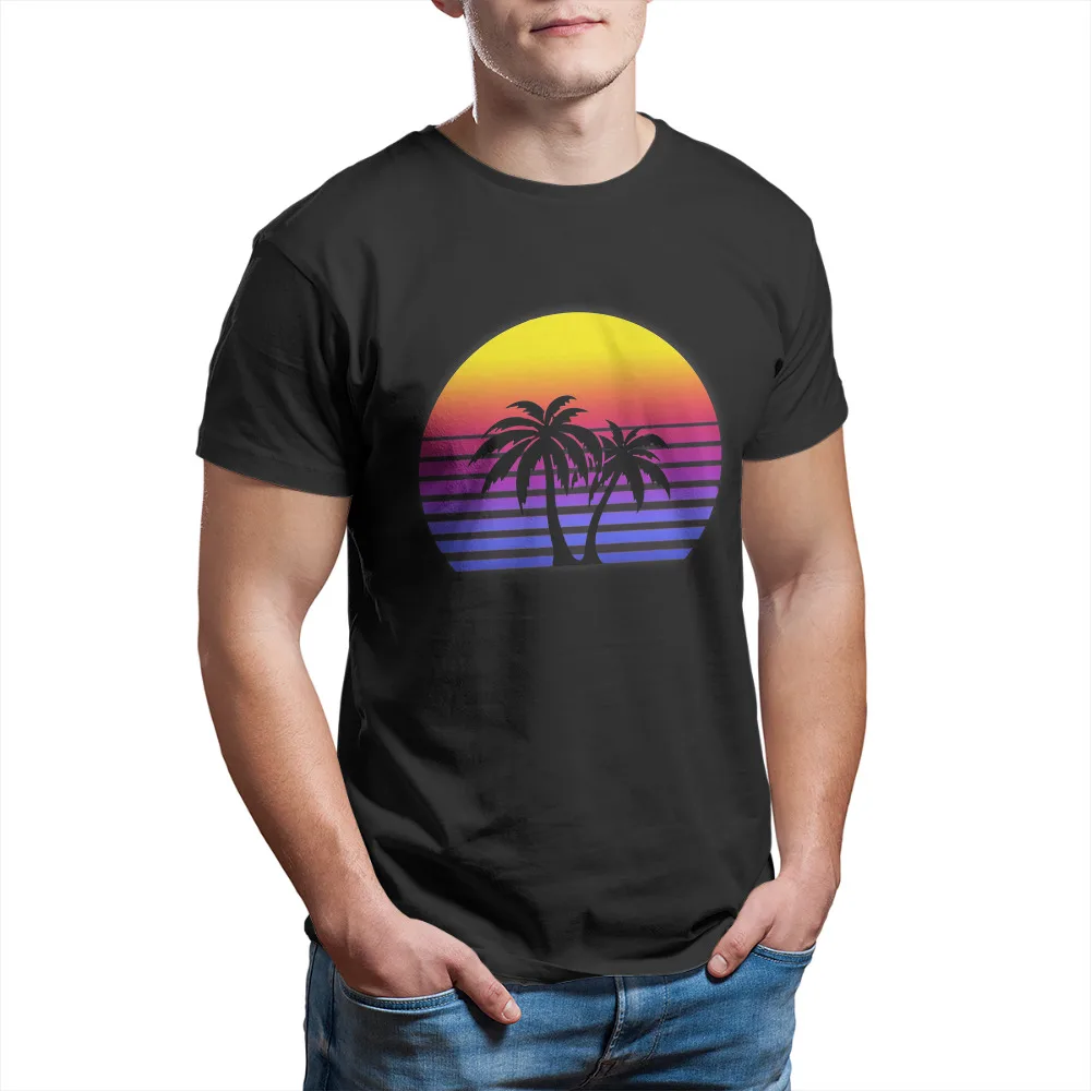 Beach Summer Sea TShirt for Men Synthwave Sun Palm Trees Essential Soft Leisure Tee T Shirt High Quality Trendy Fluffy