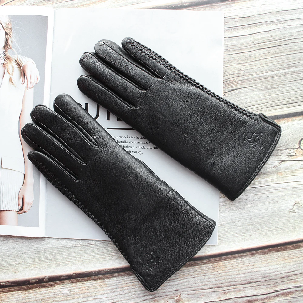 New Women\'s Black Deerskin Gloves Thick Wool Lining Winter Warm Genuine Leather Gloves Two Styles