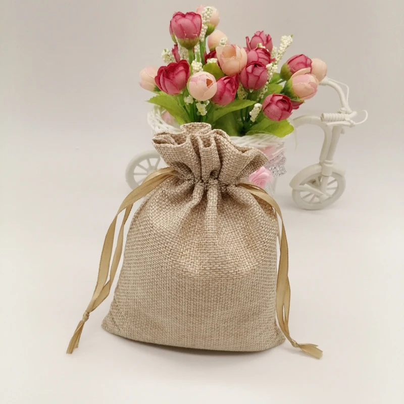 10pcs Sack Jute Gift Bag Silk Ribbon Drawstring Jute Bag Jute Webbing Handles for Bags Gift Packaging Bags Storage Travel Pouch