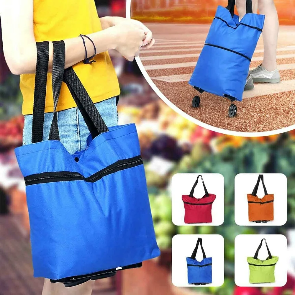 Folding Shopping Bag Foldable Shopping Pull Cart Trolley Bag Reusable Grocery Bag Food Organizer Vegetables Bag With 2 Wheels