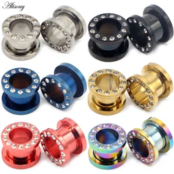 Alisouy 2pcs Steel Paved Crystal CZ Ear Piercing Tunnel Gauge Colorful Screw Fit Ear Flesh Plugs Ear Expander Piercing Jewelry