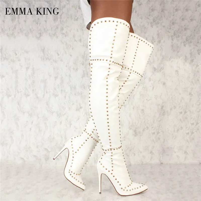 Autumn Winter Women Rivet Embellished Boots White Faux Suede Over the Knee Long Botas Sexy Female Thigh High Shoes Botas Mujer