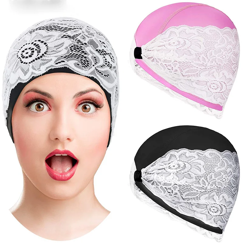 Women Swimming Cap PU Waterproof Lace Flower Sports Surfing Pool Hat Elastic Shower Bathing Caps for Long Short Hair