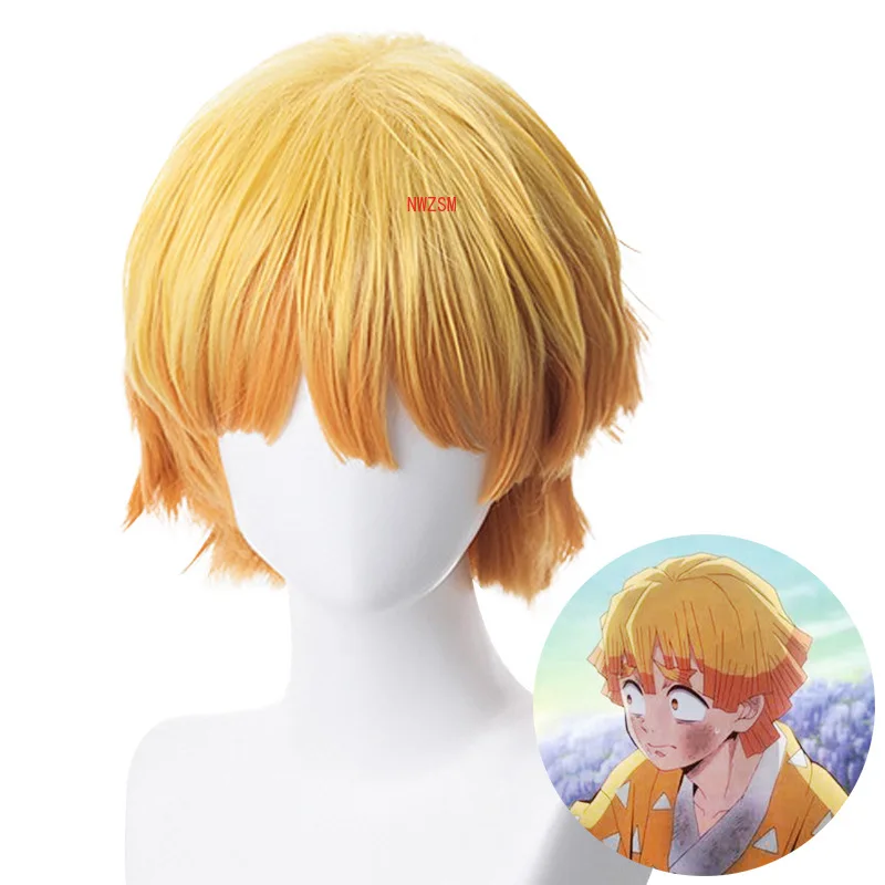 Anime Demon Slayer: Kimetsu no Yaiba Zenitsu Agatsuma Short Golden Brown Wig Heat Resistant Hair Cosplay Costume Wig + Wig Cap