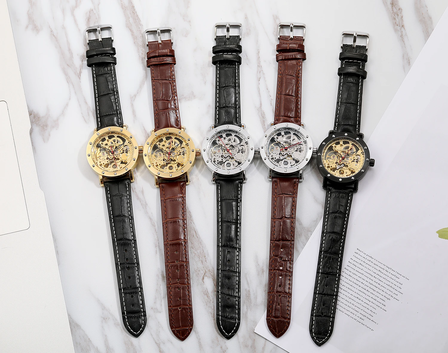 FORSINING Men's watch Leisure style hollow nail scale red second hand mechanical watch Belt watch round watch