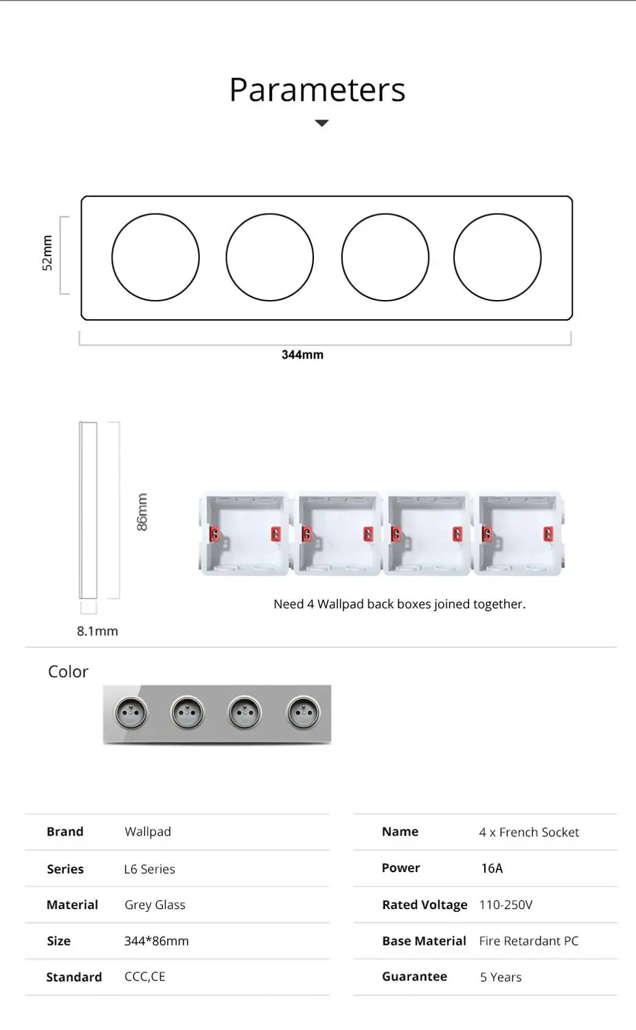 4 Way French Wall Socket, Tempered Glass Panel 344*86mm, Grey, Standard Grounding, Wallpad L6