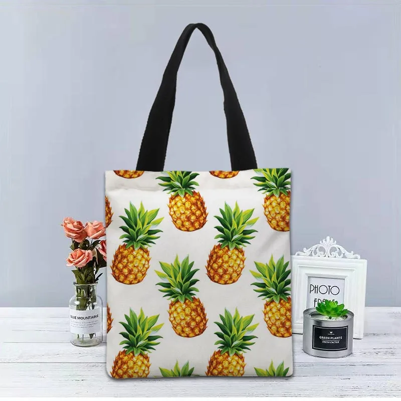 Bolso de mano de piña personalizado, bolso de tela de lona, bolsas de compras impresas de dos lados, bolso de hombro útil informal de viaje 1208