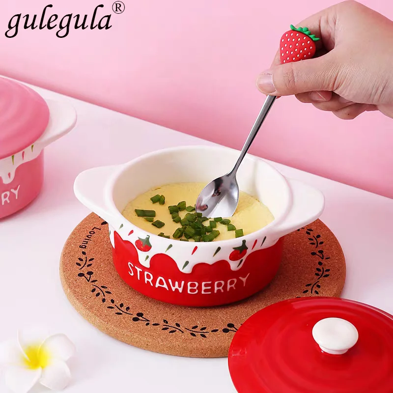 

Ceramic Bowl With Exquisite Strawberry Pattern Steamed Egg Custard Bowl With Lid Binaural Children's Bowl Ceramic Tableware