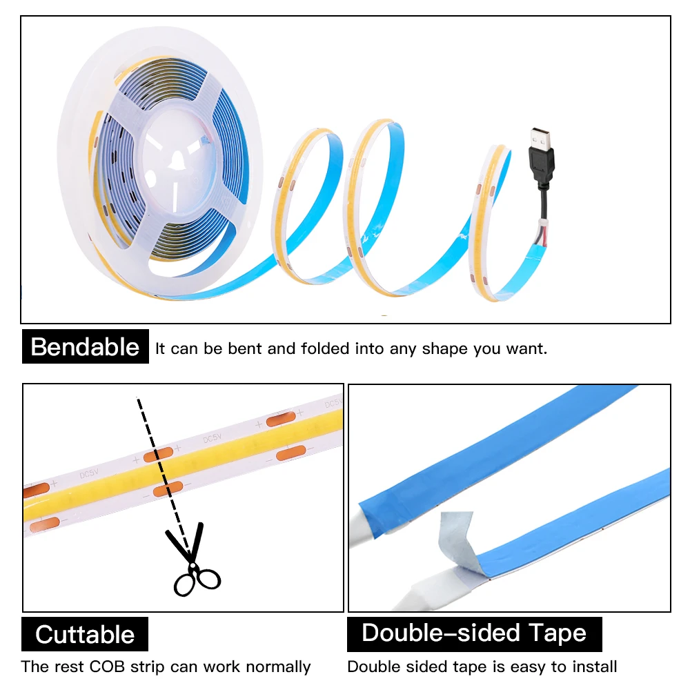 5V 12V 24V Cob LED-Streifen 120leds/m hohe Dichte ra90 flexible Fob LED-Band Licht leiste lineares Band 320-5m USB-LED-Licht