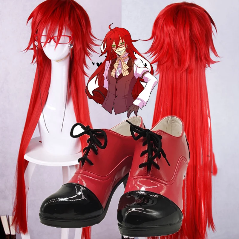 Dostosuj buty Anime kuroshitsuji Grell Sutcliff Cosplay peruki buty niestandardowe dowolny rozmiar Anime Party buty okulary peruki Halloween