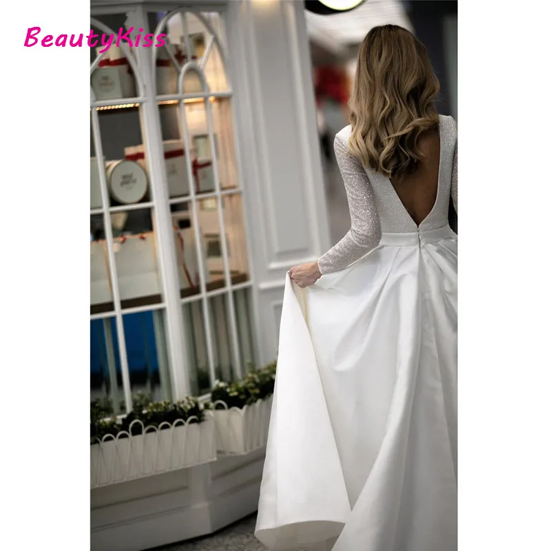 Abiti da sposa in raso scintillante per donna abiti da sposa a maniche lunghe senza schienale con scollo a v e tasca Plus Size Vestido De Noiva