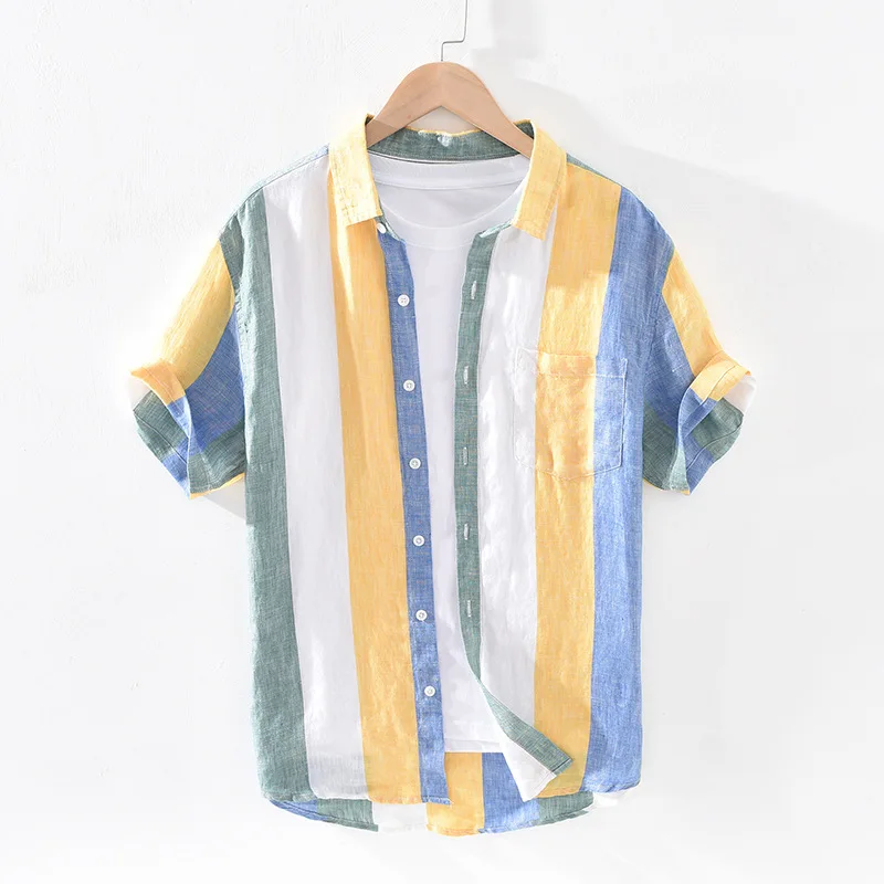 1709 Men Summer Fashion Japan Style Bright Color Striped Short Sleeve Single Breasted Casual Pure Linen High Quality Shirts Male