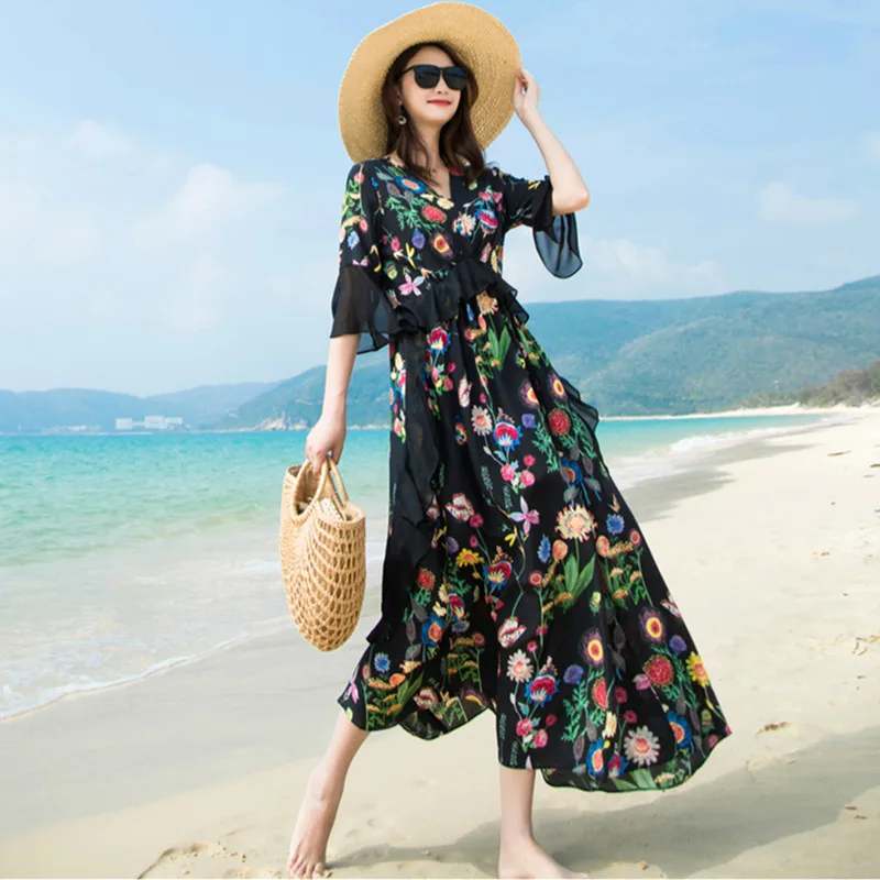 

Women Silk Summer Dress Long Black Print Floral Elegant Dress Slim High Quality Dresses Maxi Vestidos Verano 2020 LWL1539