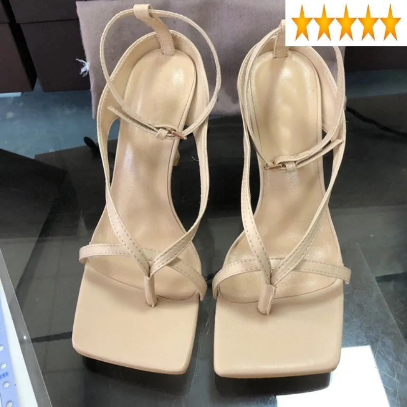 

100% Real Leather Women Summer Thin High Heel Shoes Fashion Buckle Strap Square Toe Plus Size 42 Party Lady Sandals