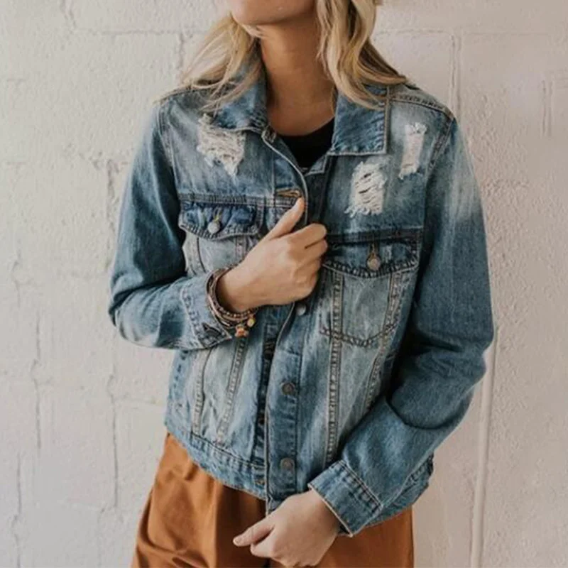 

Women's Hole Denim Jacket Coat Autumn Nice Casual Turn Down Collar Button Wash Jean Jackets Lady Harajuku Style Loose Streetwear