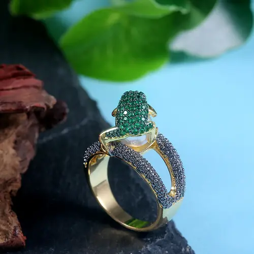 Huitan Cute Animal Ring Jumping Frog Shaped Fancy Rings Birthday Gift Rough Surface With Simulated Pearl Ring - Image 2