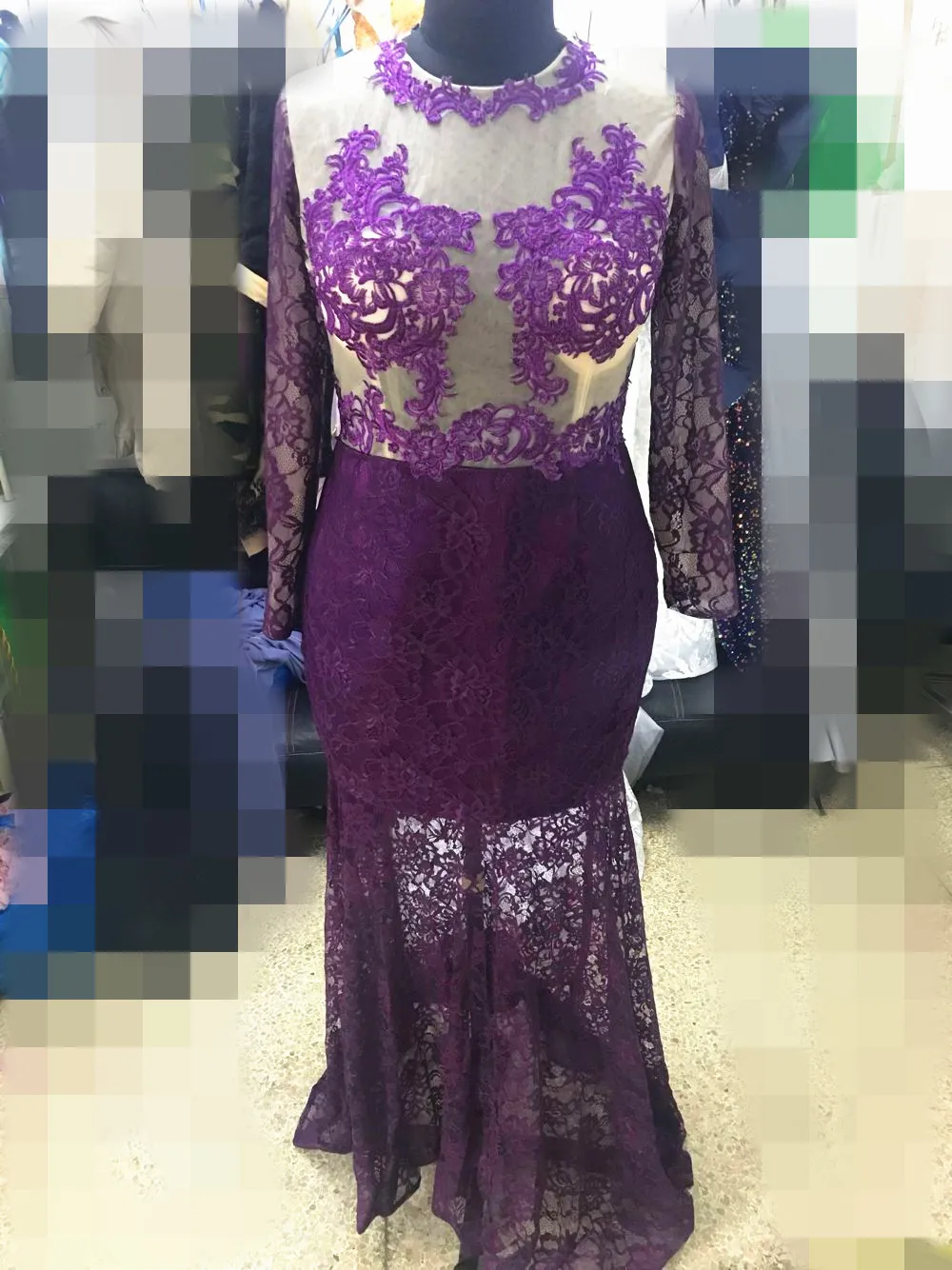 Sexy long sleeves purple Mermaid Prom Dresses Lace Appliques Natural Slim Fitted Robe De Soiree Ladies Evening Gowns Spring