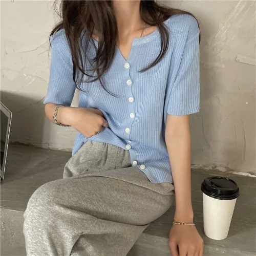 Short Sleeve Loose Cardigans Women Solid Knitting Sunscreen Tops Sweet Cozy Single Breasted Sweaters Chic Elegant Streetwear Ins