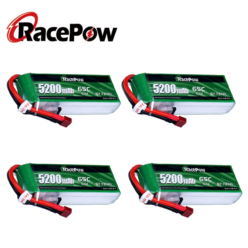 RacePow RC Lipo Battery 5200mAh 3S 11.1V 65C with T Plug for RC Evader Car  Helicopter Boat Truck Airplane Quadcopter 4 units