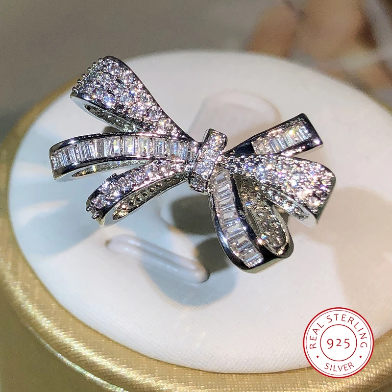 925 Sterling Silver High Quality Bow Bow Bow Bow Zircon Ring Women's Fashion Party Birthday Jewelry Rings