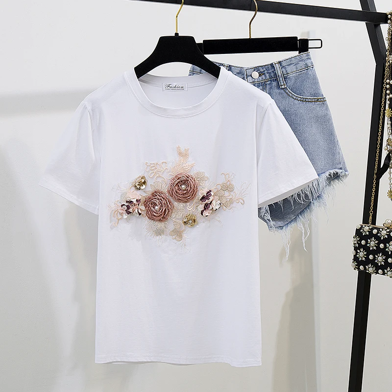 Fashion Cotton T-Shirt Tops + Short Jeans 2 Pieces Sets 2024 New Summer Women\'s Denim Pants Outfits 3D Flowers Beading Suits