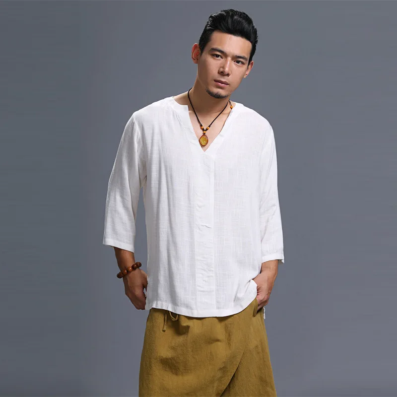 3/4 Mouw Mannen Katoen Linnen V-hals Shirt Chinese Traditionele Wit Casual Tang Tops Retro Knop Oude Harajuku Losse Jas