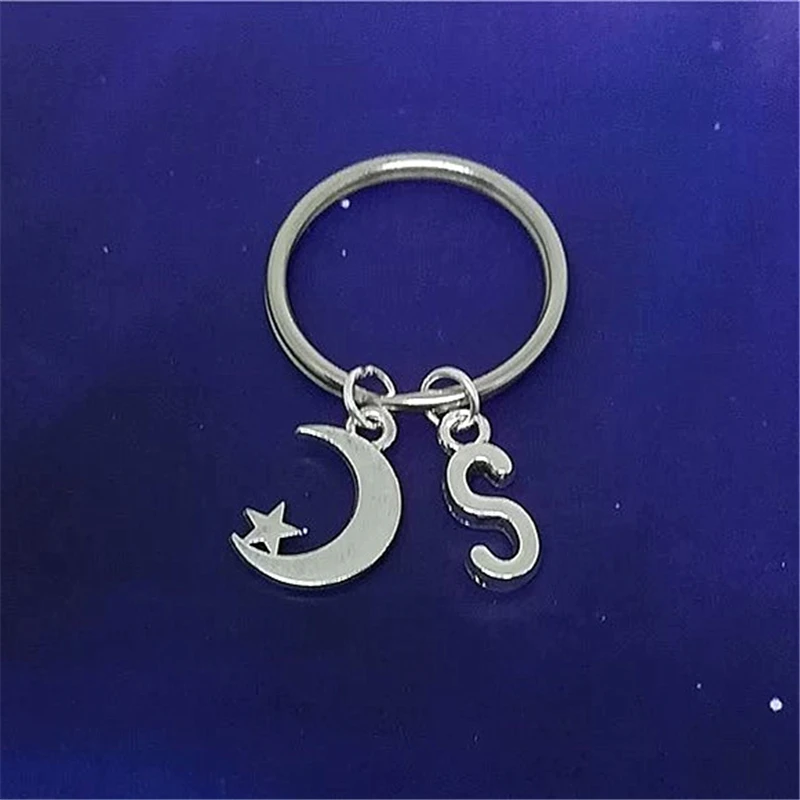 Antique Silver Color Moon and Star keychain, Crescent Moon Purse Keychain, Initial Keychain