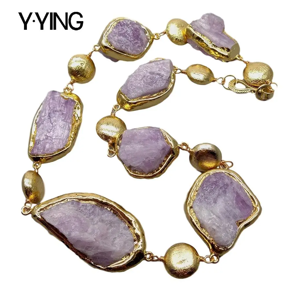 

Y·YING Natural Pink Kunzite Rough Raw Gold Plated Edge Brushed Bead Necklace 20" vintage style for women