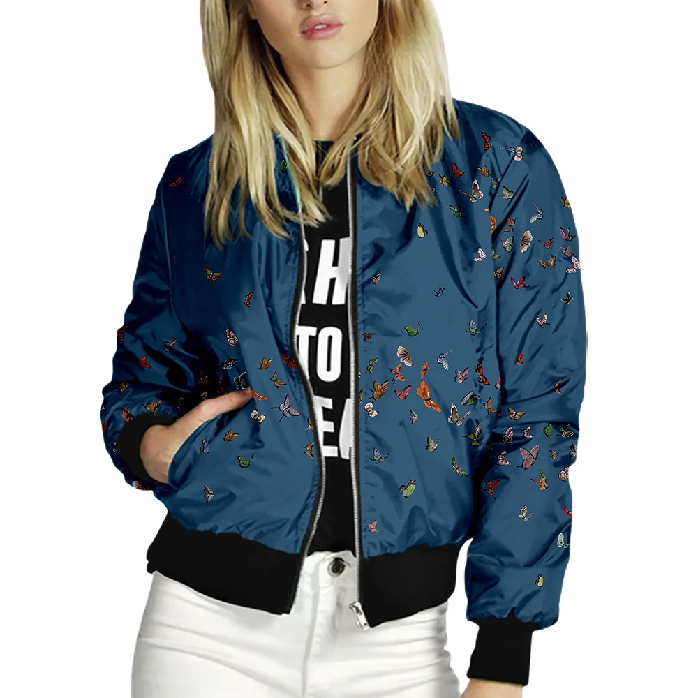 Women Jackets Retro Printed Ladies Zipper Up Bomber Outwear Autumn  Tops Long Sleeve Short Thin Slim Casual Pocket Biker Coats