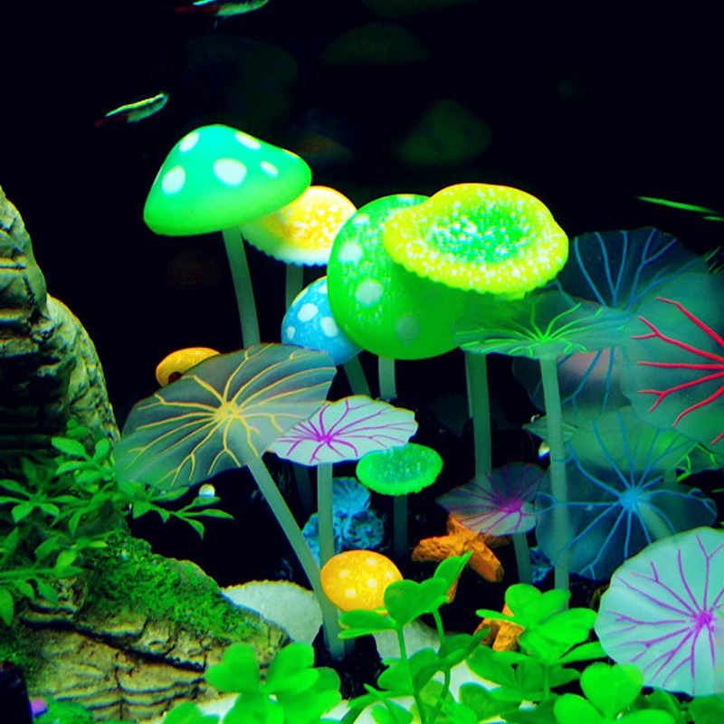 Fluorescent Artificial Glowing Lotus Leaf Mushroom Ornament Luminous Silicone Plant Aquarium Decor Fish Tank Accessories