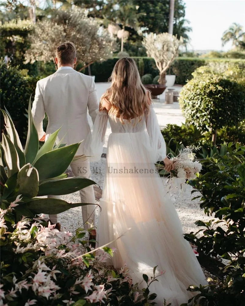 2022 novo designer romântico praia vestido de casamento das mulheres verão fada boho vestidos de noiva puff manga longa vestidos de casamento tule