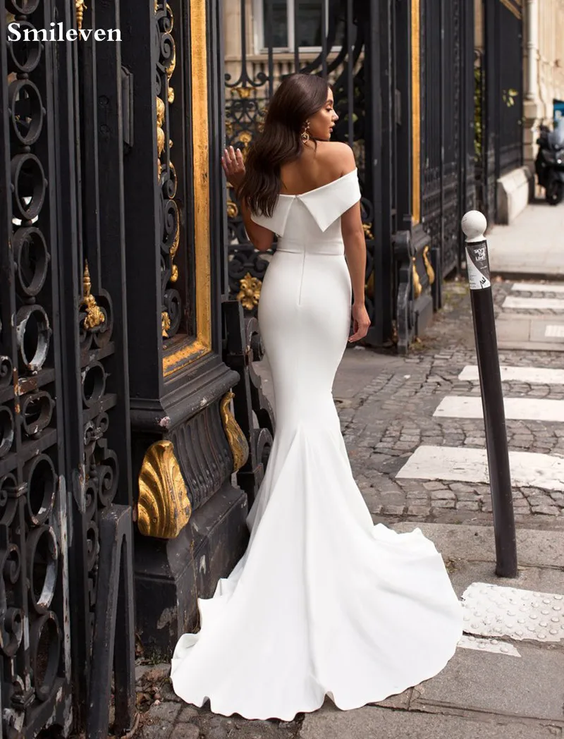 Smileven – robe De mariée sirène en Satin, épaules dénudées, longue, avec traîne et balayage