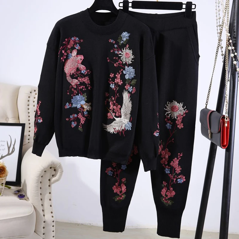 Black Gray White Knitted Tracksuit Women Outfits Fashion Crane Embroidery Flowers Sweater Long Pants Set Loose Knit Suit Female