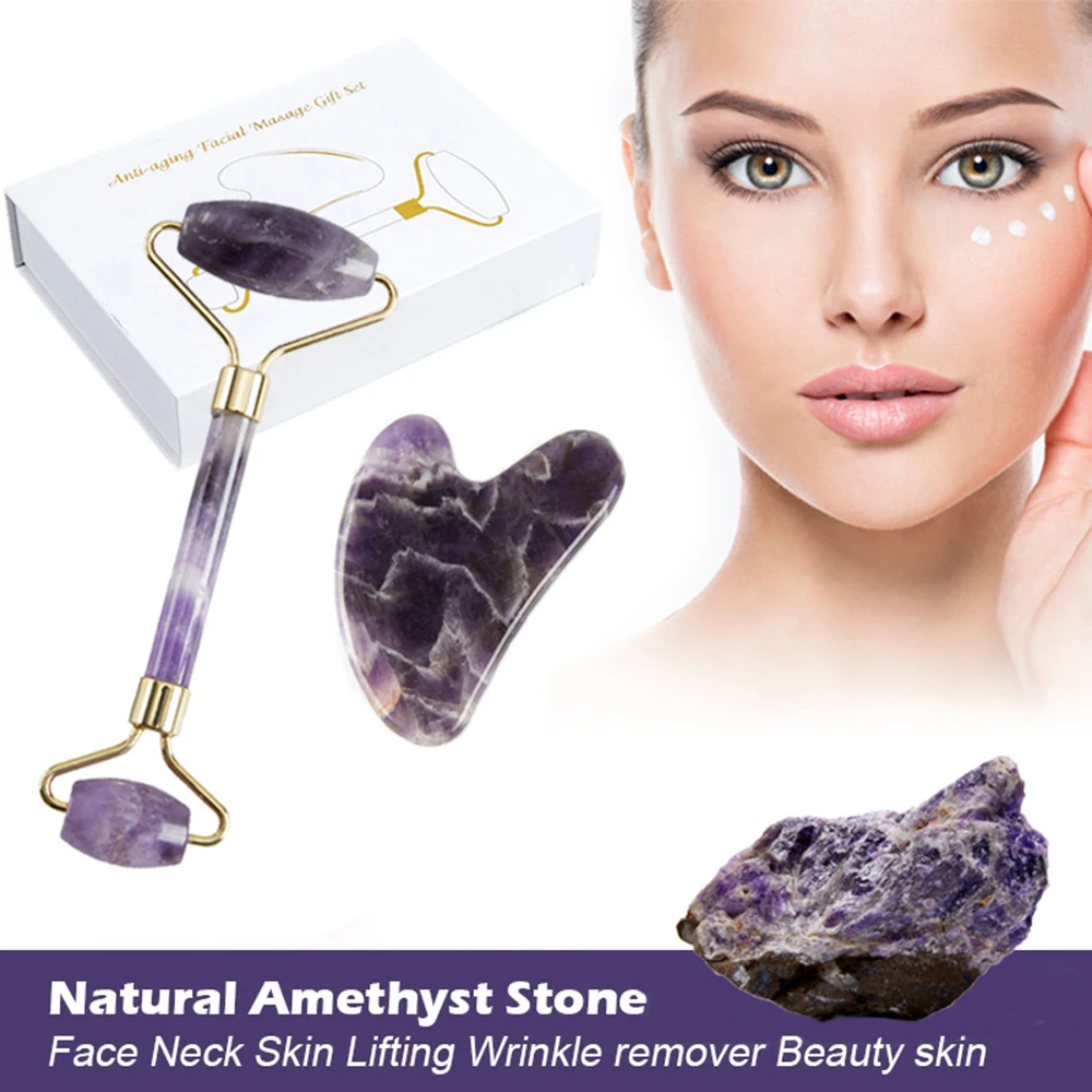 Natural Amethyst Jade Roller Set Facial Massage Rollers Massager for Face Slimming Chin Lift Up Facial Beauty Roller Skin Care