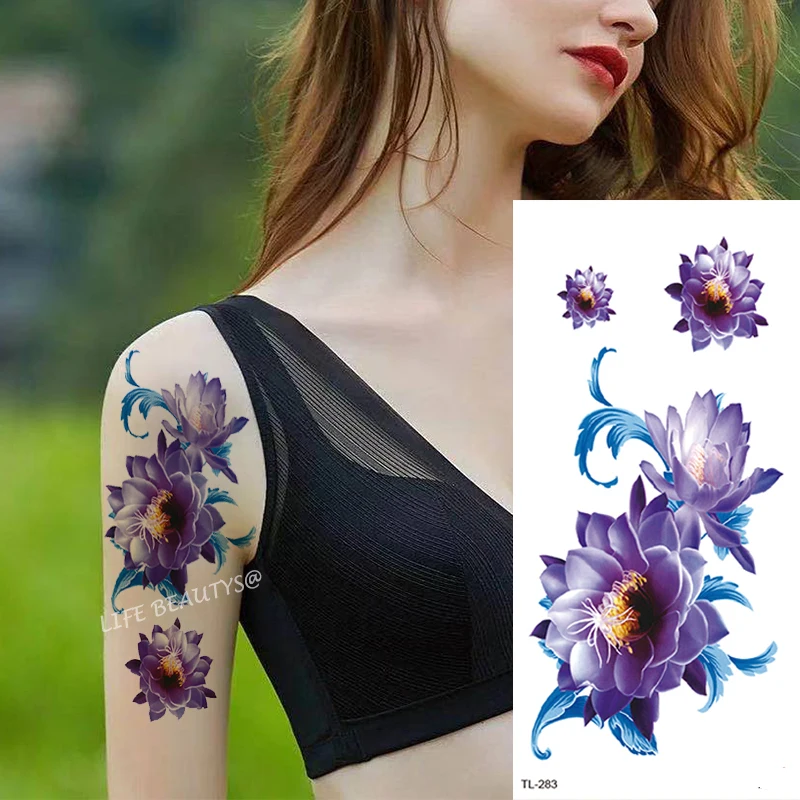 Belleza flor Diamante Negro Rosa impermeable tatuaje temporal arte corporal manga del brazo transferencia de agua pegatina de decoración falsa para