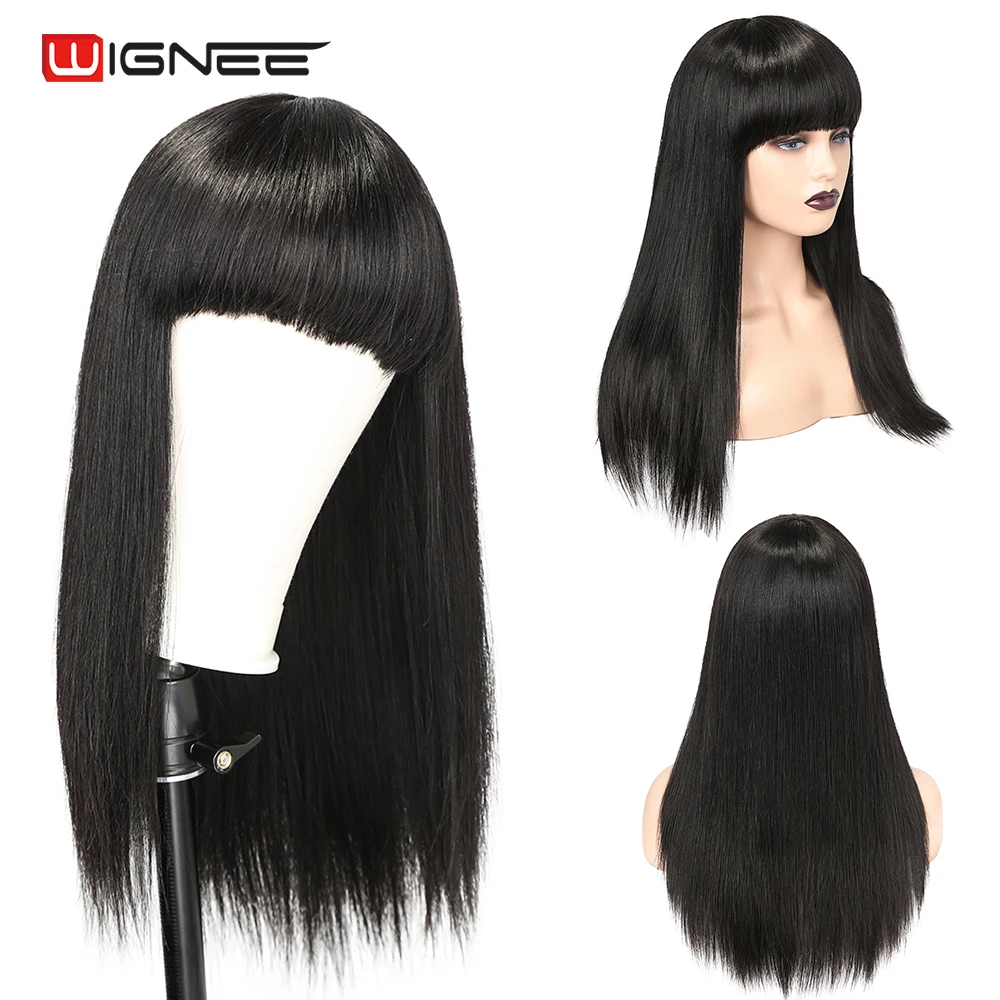 Straight Human Hair Wigs With Bangs Full Machine Made Soft Natural Hair Brazilian Wig For Women 150 Density Remy Hair 10-18Inch