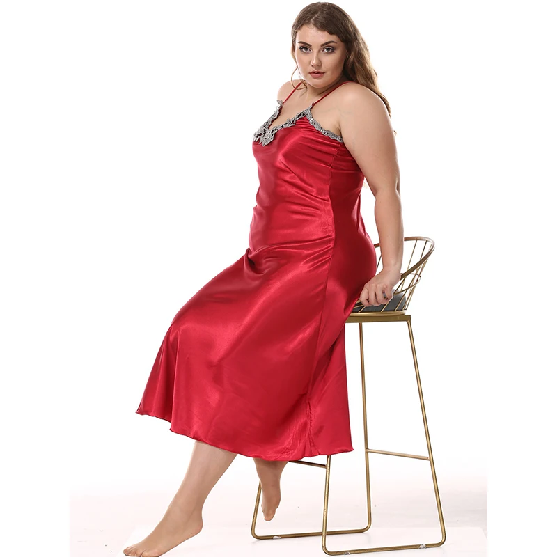 Factory Outlet Satin Silk Nightdress Women\'s Big Size Imitation Silk Nightgowns Lace Sexy V-Neck Sling Long Sleeping Dress 95051