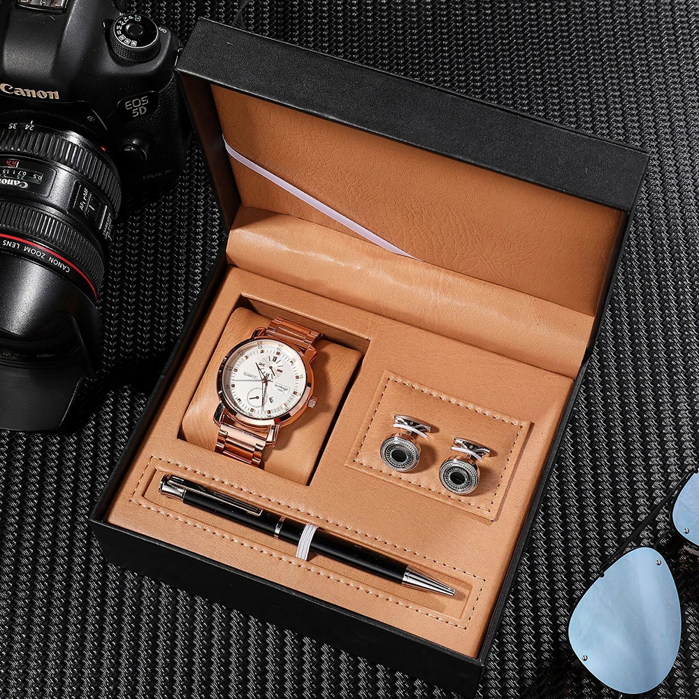 Relojes Hombre Men Watch Quartz Set Business Sport Watches Luxury Waterproof Date Wrist Watch and Cufflinks pen Gifts For men