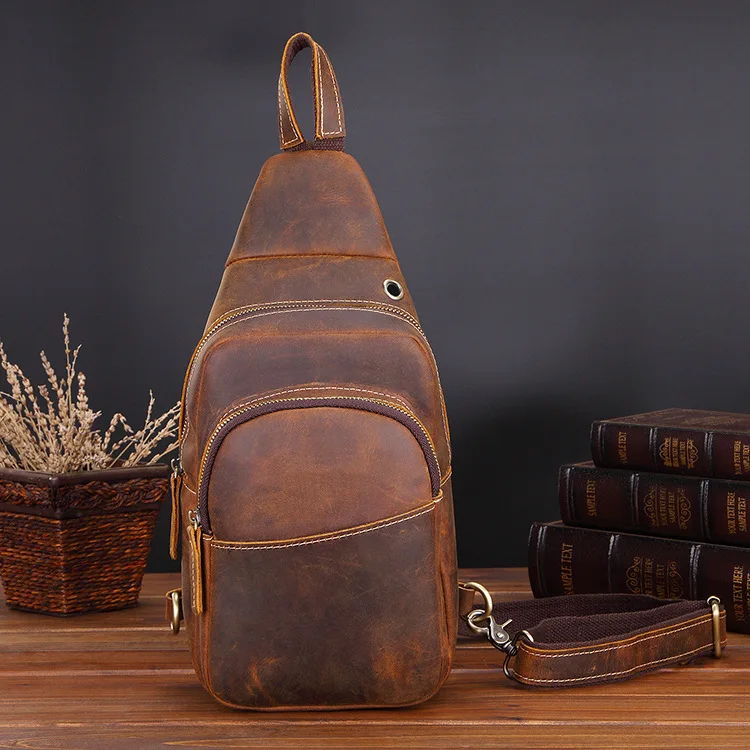 Sacs de poitrine en cuir véritable, sac à bandoulière unique, sacs de poitrine à bandoulière, sac à bandoulière en cuir de cheval fou