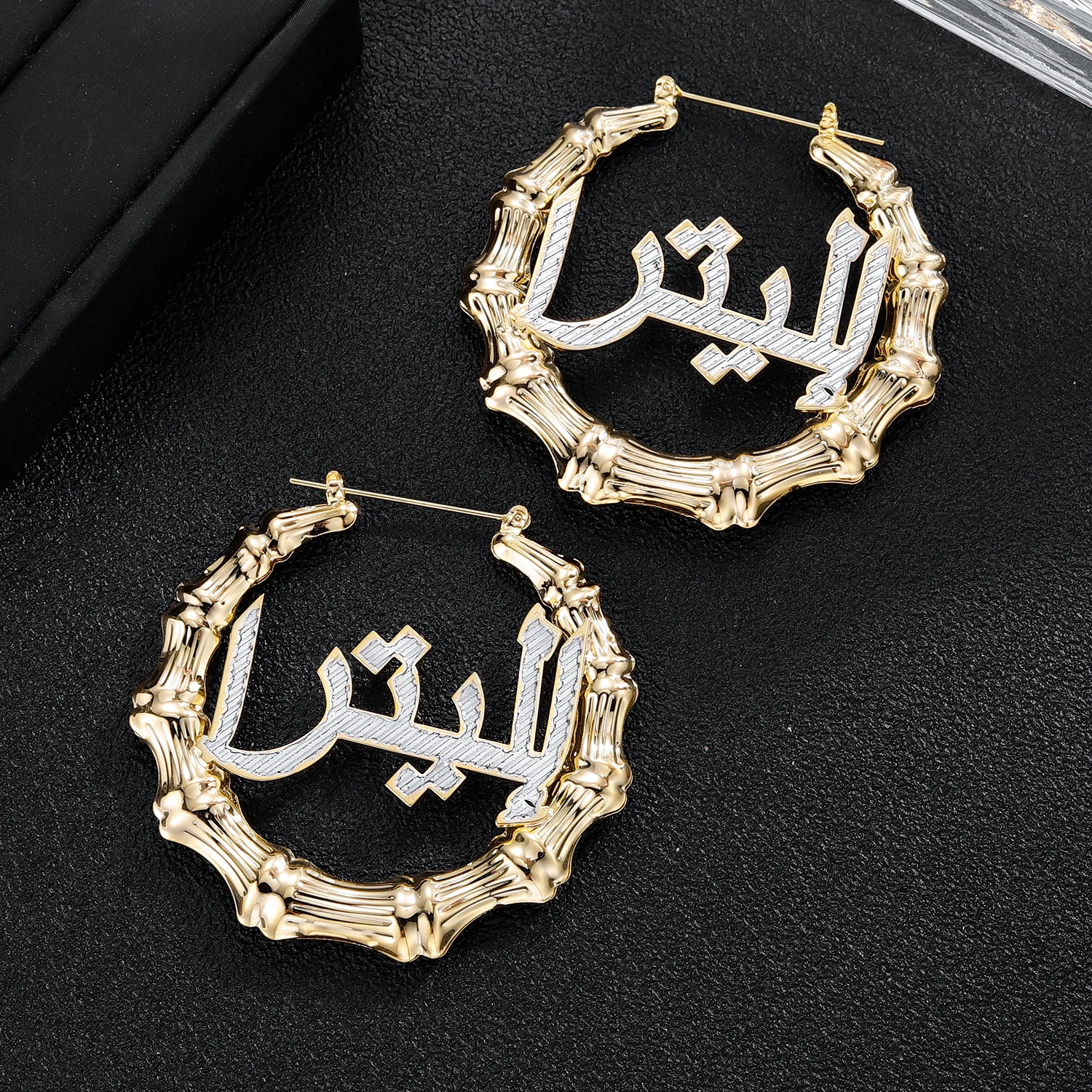 Personalized Bamboo Hoop Earrings Customize Arabic Name Gold Two-Color Plating Stainless Steel For Women Jewelry Gifts