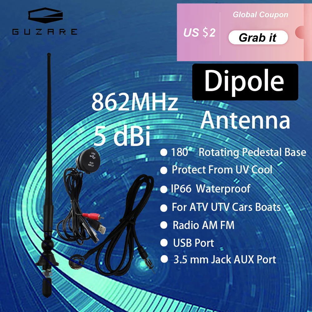 Guzare-antena dipolo para barcos, receptor de Radio AM FM, USB, adaptador AUX, Cable de 3,5mm, accesorios para barcos, yates y coches