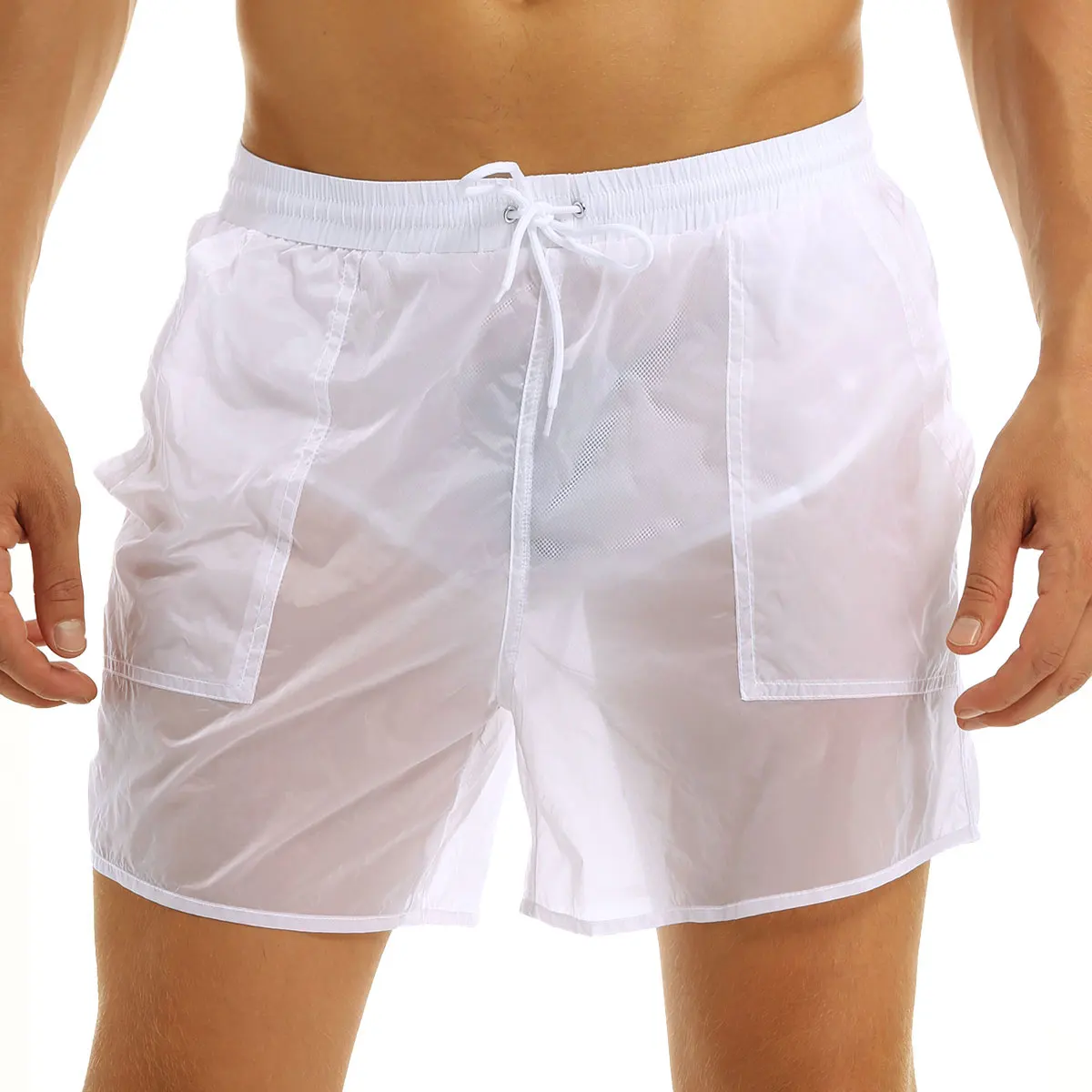 Adult Mens See-Through Shorts Elastic Waist Pure Color Drawstring Quick Dry Beach Shorts Swim Trunks with Bulit-in Mesh Briefs