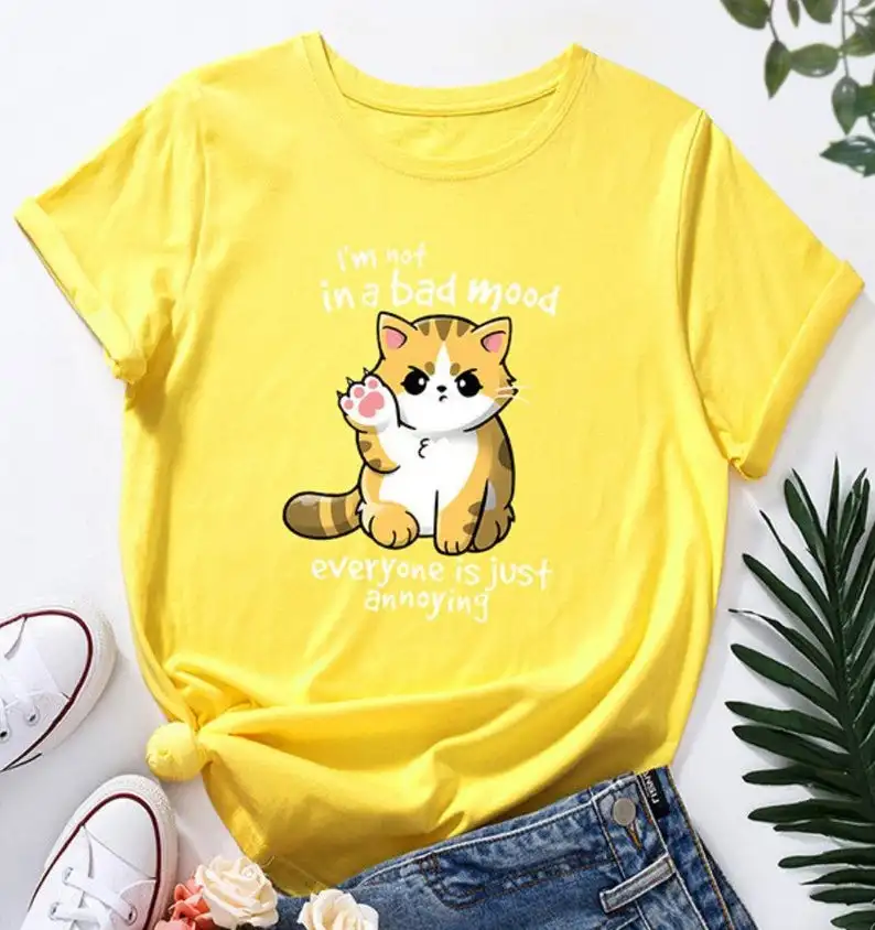 I'm Not In A Bad Mood Everyone Is Just Annoying mom shirt Cute Cat Slogan mama mother harajuku gothic clothes kawaii 100%cotton